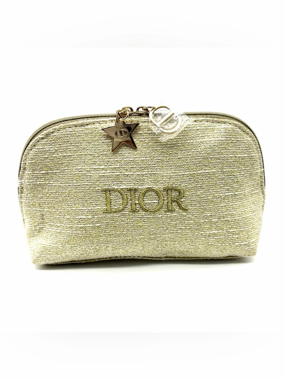 New Dior Metallic Gold Cosmetic Pouch with Star Charm Travel Make Up Bag Zip Sm